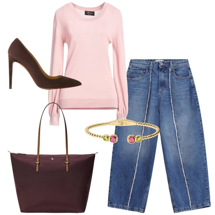 Outfit donna - Chocolat. Stile Glamour per Serata fuori. Abbinamento con pullovers, jeans dritti, décolleté, borse tote, braccialetti.