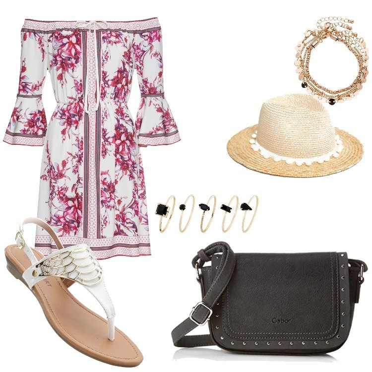 Outfit donna - Urban #2505. Stile Urban per Tutti i giorni. Abbinamento con costumi interi, sandali, cavigliere, anello, cappello in paglia, borsa a tracolla nero.