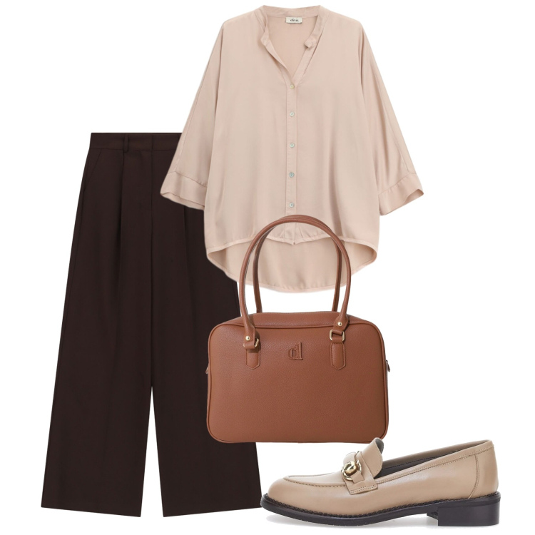 Outfit donna - Settembre. Stile Bon Ton per Ufficio. Abbinamento con camicie, pantaloni a palazzo, borse a mano, mocassini.
