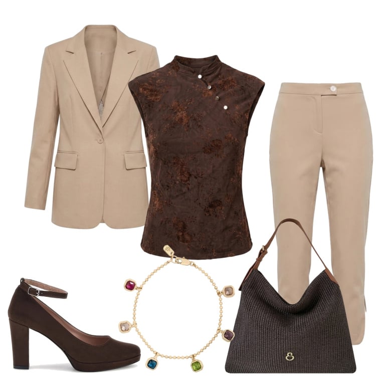 Outfit donna - Total look #2467100. Stile Casual chic per Tutti i giorni. Abbinamento con pantaloni, blazer, borse a spalla, top, braccialetti, décolleté.