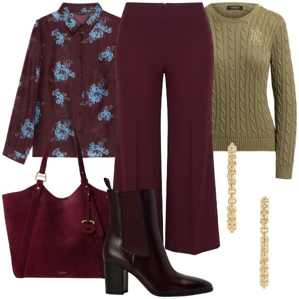 Outfit donna - Prime giornate fresche.. Stile Glamour per Serata fuori. Abbinamento con pantaloni a palazzo, camicie, maglieria, stivaletti, borse tote, orecchini.