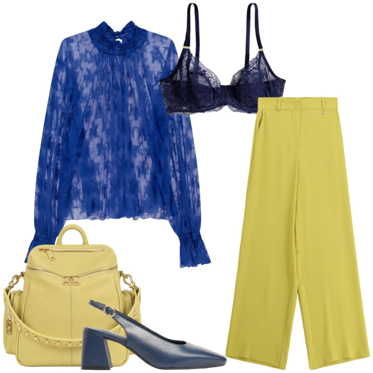 Outfit donna - Total look #2467106. Stile Casual chic per Tutti i giorni. Abbinamento con décolleté, bluse, pantaloni a palazzo, zaini, reggiseni.