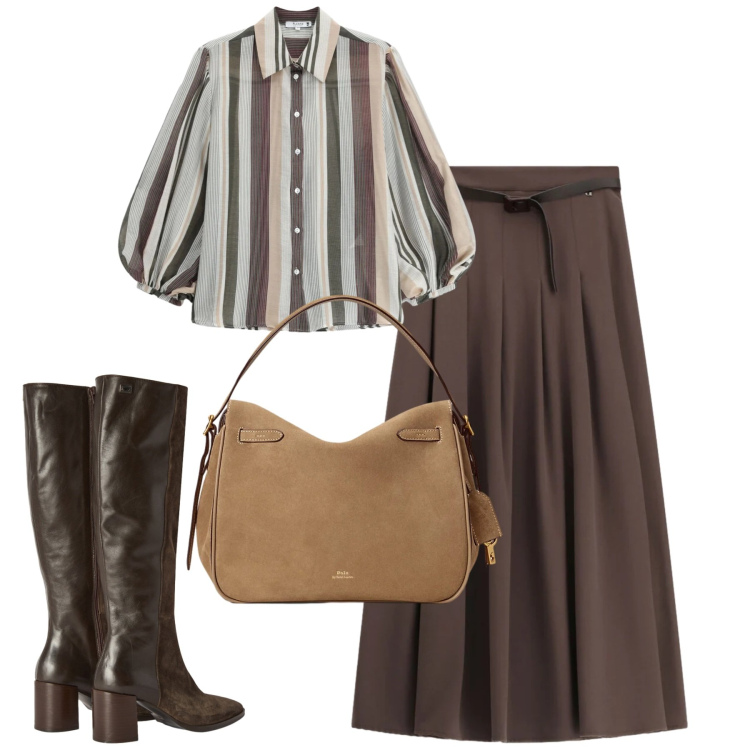 Outfit donna - City. Stile Urban per Tutti i giorni. Abbinamento con stivali, gonne lunghe, camicie, borse a mano.
