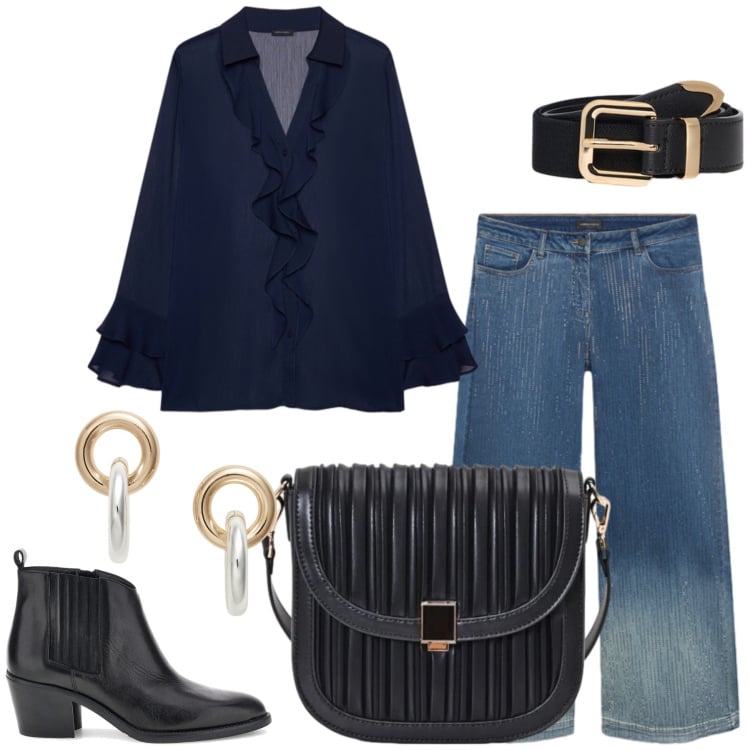 Outfit donna - Total look #2467108. Stile Glamour per Serata fuori. Abbinamento con borse a tracolla, bluse, jeans, cinture, orecchini, stivaletti texani.