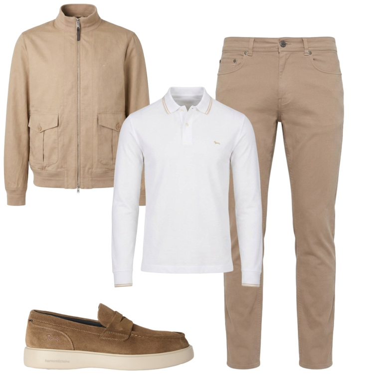 Outfit uomo - City. Stile Casual per Tutti i giorni. Abbinamento con scarpe stringate, bomber, pantaloni, polo.