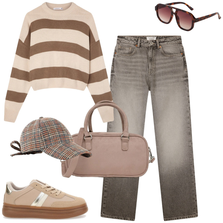 Outfit donna - City. Stile Casual chic per Tutti i giorni. Abbinamento con occhiali da sole, cappelli con visiera, borse a tracolla, jeans dritti, maglieria, sneakers.