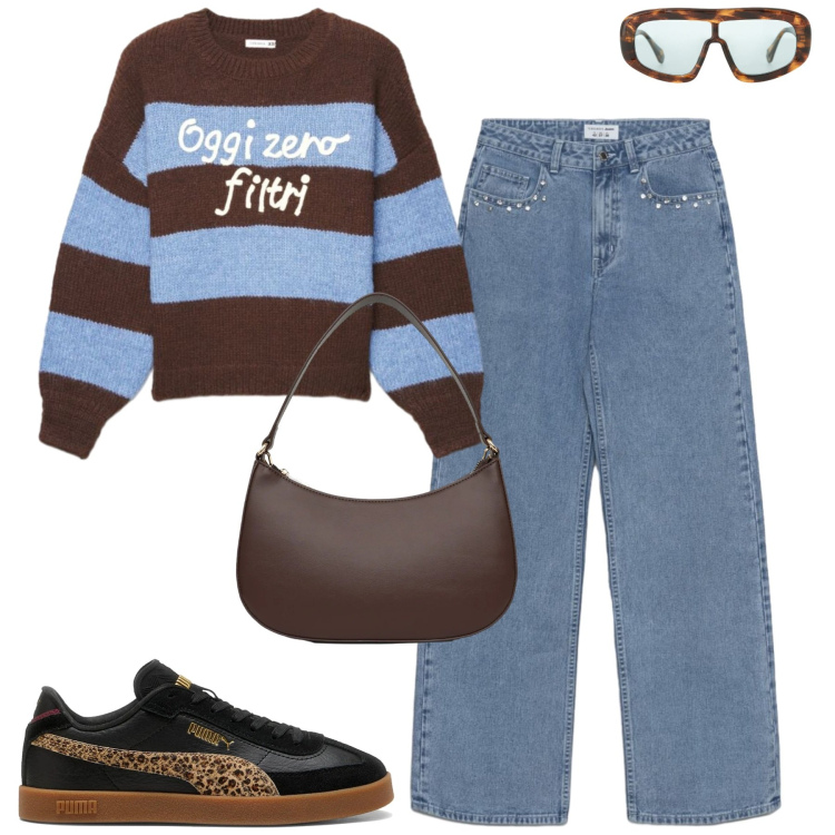 Outfit donna - City. Stile Casual chic per Tutti i giorni. Abbinamento con jeans, maglieria, borse a tracolla, occhiali da sole, sneakers.