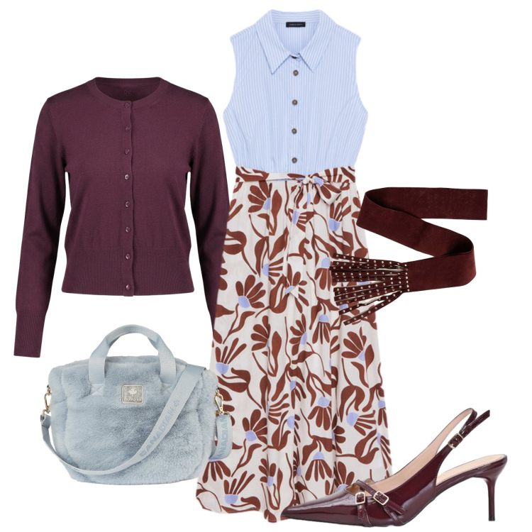 Outfit donna - Aperitivo in chemisier. Stile Glamour per Tutti i giorni. Abbinamento con décolleté, cardigans, vestiti chemisier, borse tote, cinture.