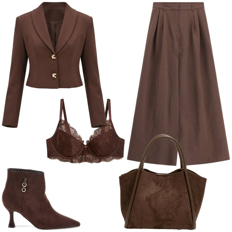 Outfit donna - Chocolat. Stile Glamour per Tutti i giorni. Abbinamento con reggiseni, pantaloni a palazzo, blazer, borse a spalla, stivaletti.