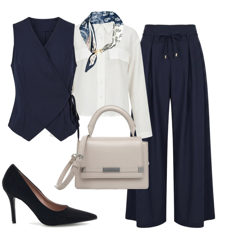 Outfit donna - Sett7. Stile Urban per Tutti i giorni. Abbinamento con borse a tracolla, camicie, pantaloni a palazzo, gilet, foulard, décolleté.