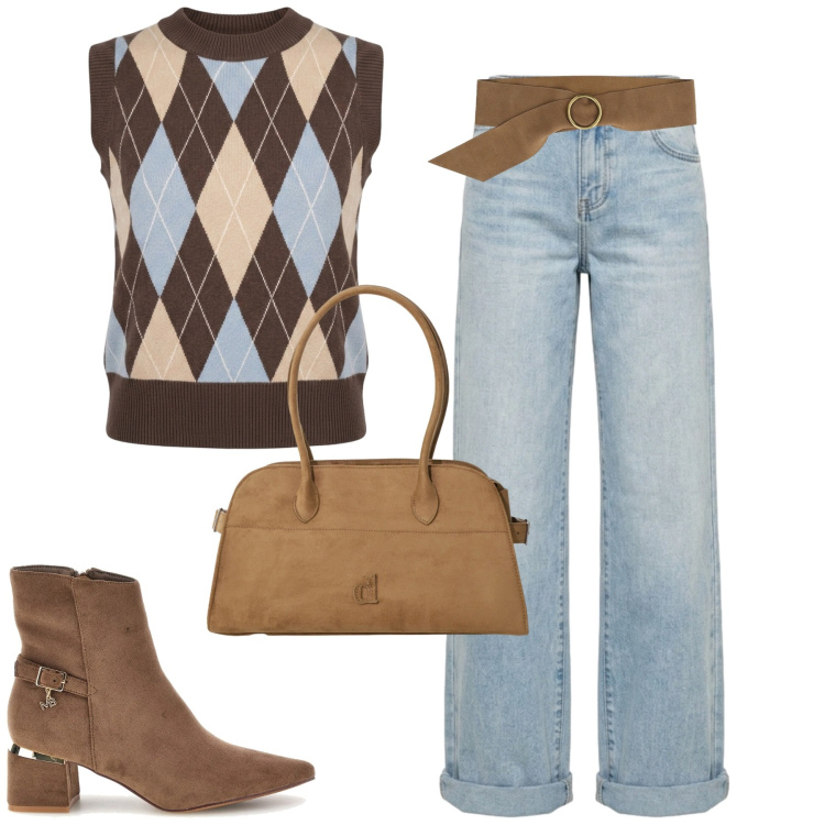 Outfit donna - City. Stile Casual chic per Tutti i giorni. Abbinamento con borse a spalla, cinture, jeans, maglieria, stivaletti.