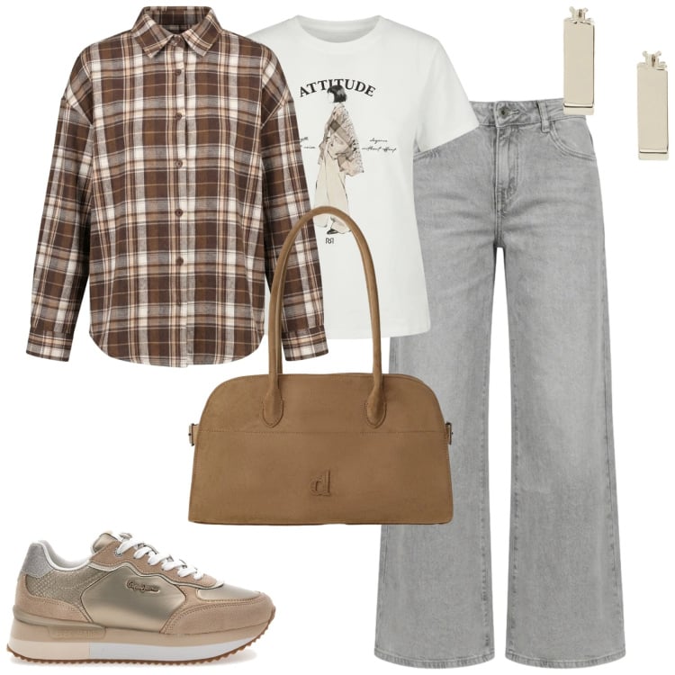 Outfit donna - City. Stile Casual chic per Tutti i giorni. Abbinamento con borse a spalla, t-shirt, jeans a zampa, camicie, orecchini, sneakers.