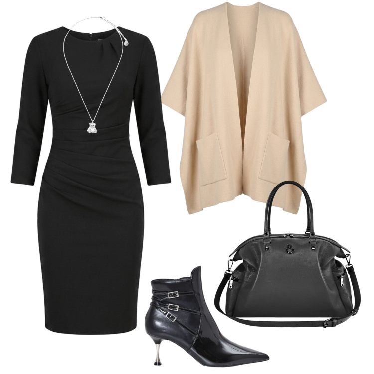 Outfit donna - L’eleganza delle curve morbide. Stile Chic per Serata fuori. Abbinamento con vestiti a tubino, stivaletti, ciondoli, shopping bag, cappe.