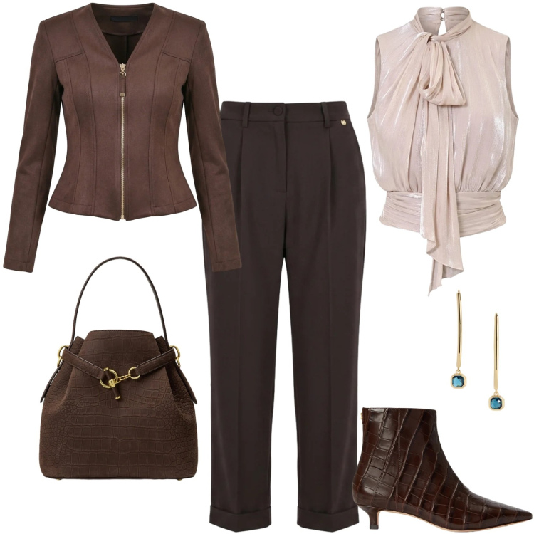 Outfit donna - Ufficio-Evento-Serata-Cerimonia. Stile Chic per Ufficio. Abbinamento con pantaloni, top, blazer, borse a secchiello, stivaletti, orecchini.