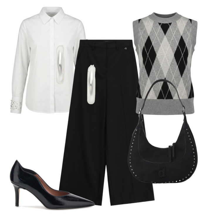 Outfit donna - Il gilet a rombi. Stile Casual chic per Tutti i giorni. Abbinamento con borse a spalla, pantaloni a palazzo, maglieria, camicie, orecchini, décolleté.