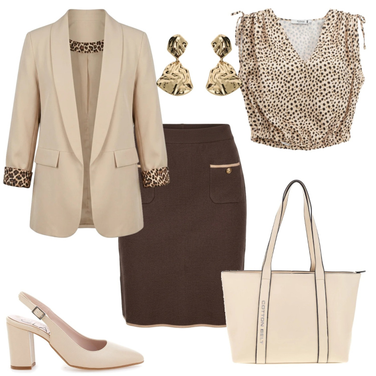 Outfit donna - Total look #2467143. Stile Chic per Ufficio. Abbinamento con orecchini, top, gonne, blazer, shopping bag, décolleté.