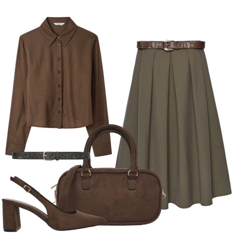 Outfit donna - Nuance autunnali. Stile Chic per Tutti i giorni. Abbinamento con gonne lunghe, cinture, camicie, borse a tracolla, décolleté.