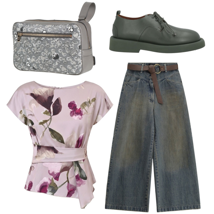 Outfit donna - La scarpa stringata. Stile Casual per Tutti i giorni. Abbinamento con marsupi, scarpe stringate, jeans boyfriend, t-shirt.