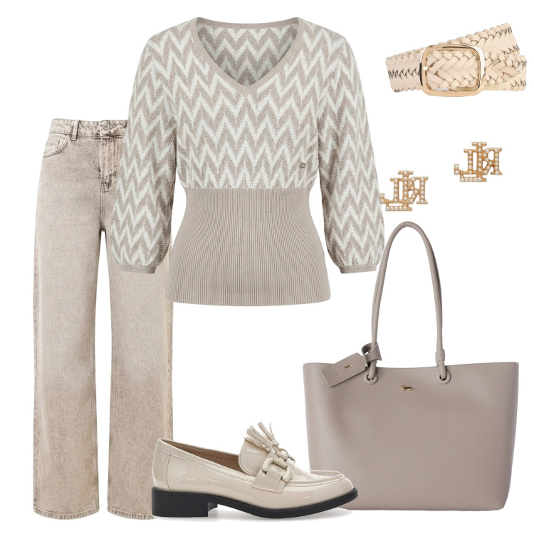 Outfit donna - Total look #2467148. Stile Casual chic per Ufficio. Abbinamento con cinture, maglieria, shopping bag, jeans dritti, orecchini, mocassini.