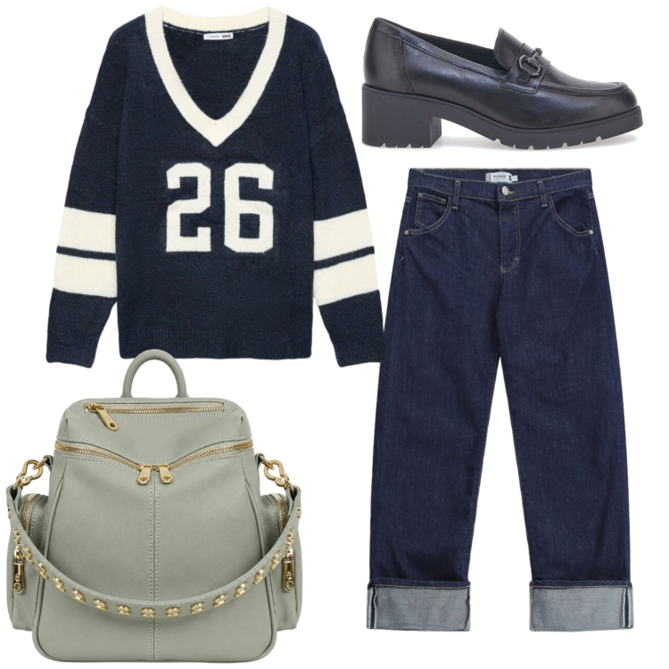 Outfit donna - Stile college. Stile Casual per Tutti i giorni. Abbinamento con maglieria, jeans dritti, zaini, mocassini.