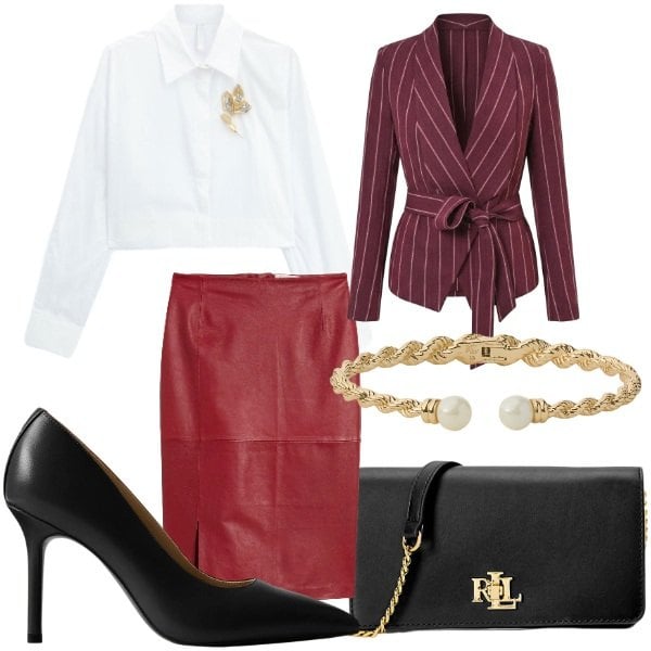 Outfit donna - Back to Office in versione chic. Stile Chic per Ufficio. Abbinamento con gonne, camicie, blazer, borse a tracolla, décolleté, braccialetti.