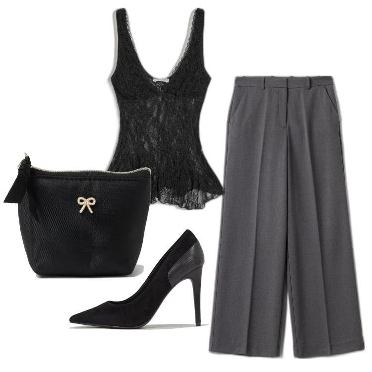 Outfit mujer - Trendy look. Estilo Trendy para Todos los días. Combinación con pochette, top, salones, pantalones.
