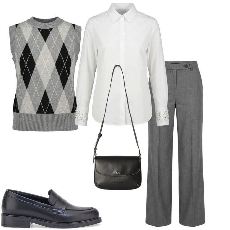 Outfit donna - British outfit. Stile Sporty chic per Ufficio. Abbinamento con borse a tracolla, maglieria, camicie, pantaloni a palazzo, mocassini.