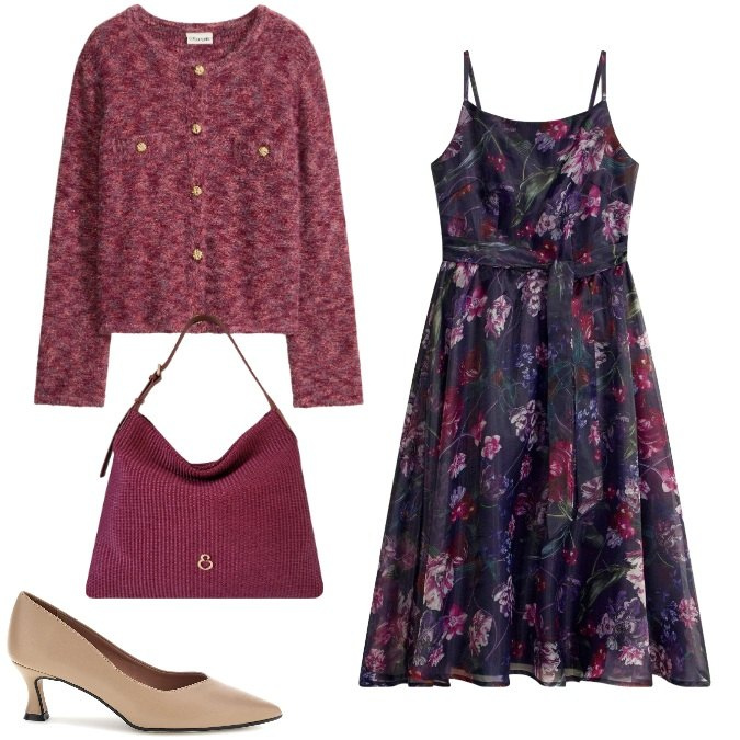 Outfit donna - Business Casual. Stile Casual per Ufficio. Abbinamento con cardigans, vestiti midi/longuette, borse a spalla, décolleté.