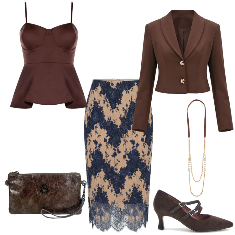 Outfit donna - Total look #2467157. Stile Chic per Serata fuori. Abbinamento con gonne, blazer, canottiere, collane, pochette, décolleté.