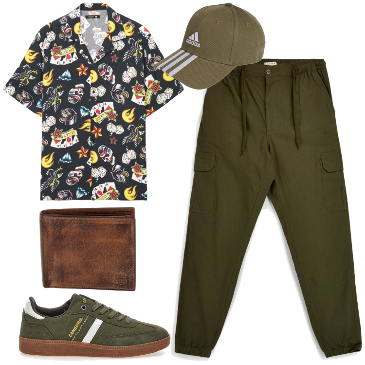 Outfit uomo - Total look #2467159. Stile Trendy per Tutti i giorni. Abbinamento con camicie a manica corta, cappelli con visiera, sneakers, portafogli, pantaloni cargo.