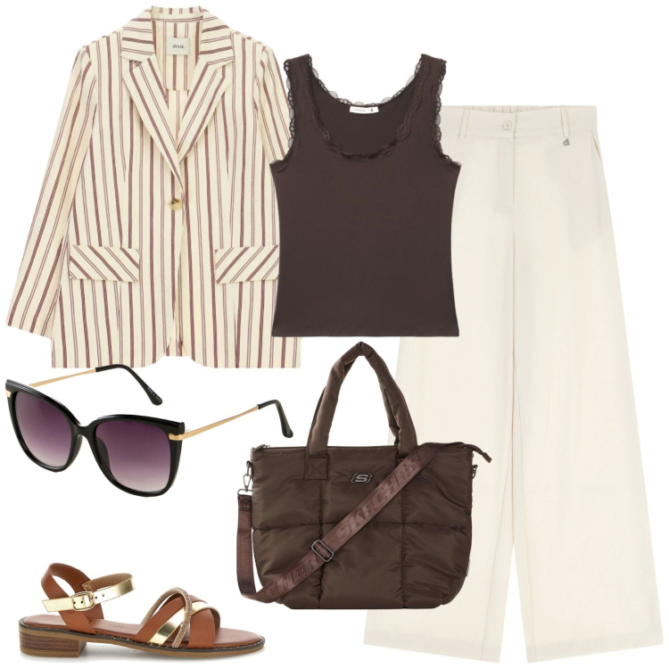 Outfit donna - City. Stile Casual chic per Tutti i giorni. Abbinamento con occhiali da sole, shopping bag, pantaloni a palazzo, blazer, canottiere, sandali.