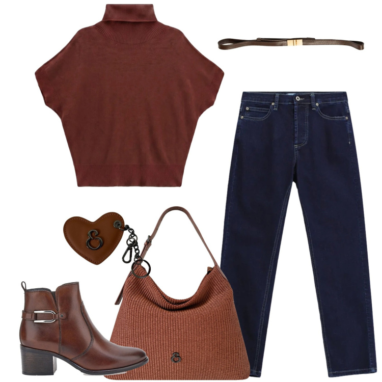 Outfit donna - Total look #2467162. Stile Basic per Ufficio. Abbinamento con pullovers, jeans slim fit, borse a spalla, portachiavi, cinture, stivaletti.