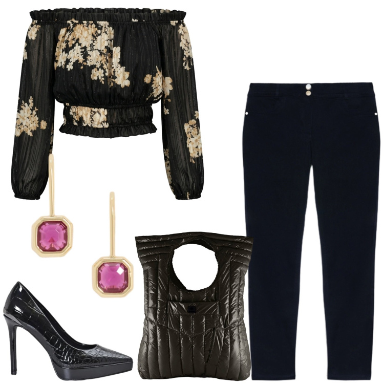 Outfit donna - Total look #2467167. Stile Chic per Tutti i giorni. Abbinamento con décolleté, jeans skinny, borse a mano, top, orecchini.