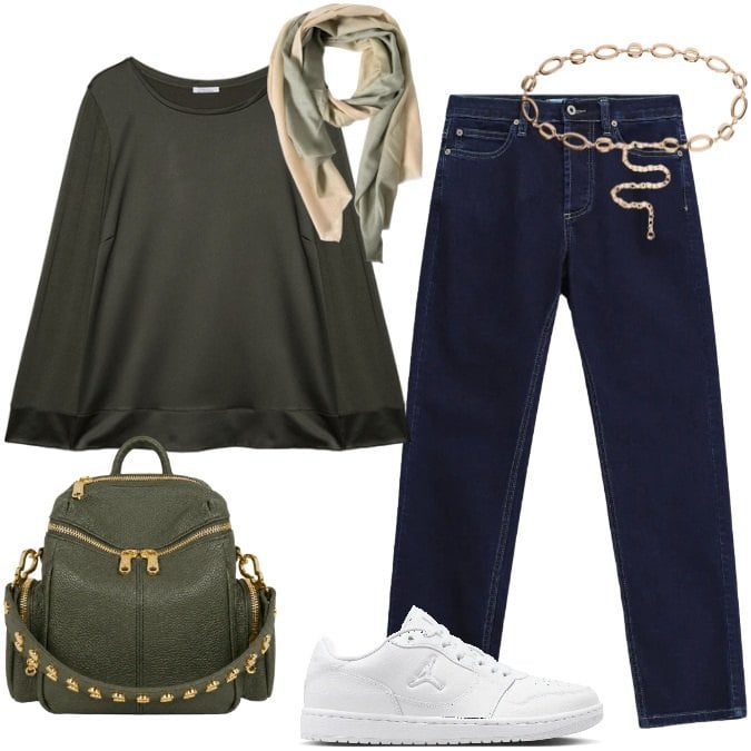 Outfit donna - Total look #2467168. Stile Casual chic per Tutti i giorni. Abbinamento con jeans slim fit, t-shirt, cinture, zaini, foulard, sneakers.