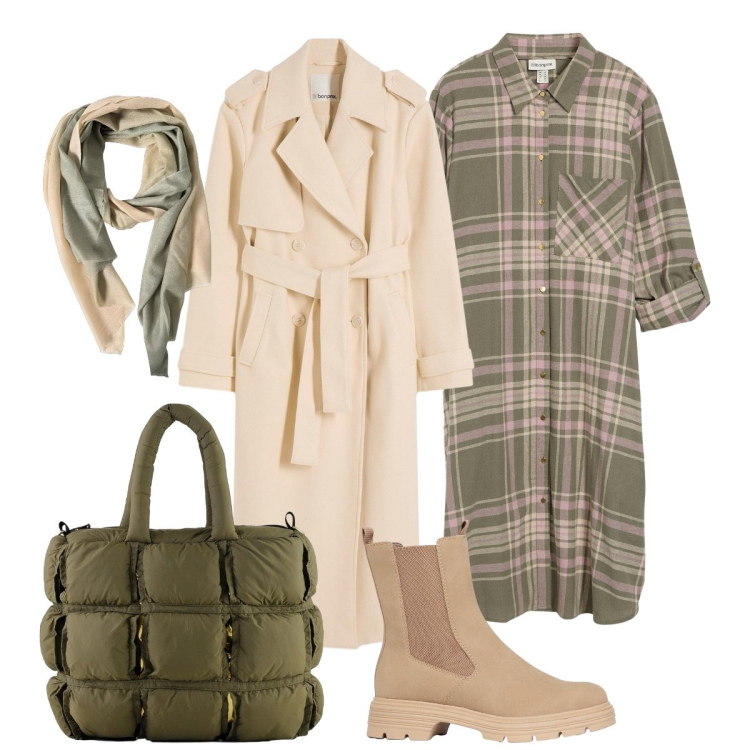 Outfit donna - Abito chemisier scozzese per l’autunno. Stile Bon Ton per Ufficio. Abbinamento con vestiti chemisier, trench, stivaletti, foulard, borse a mano.