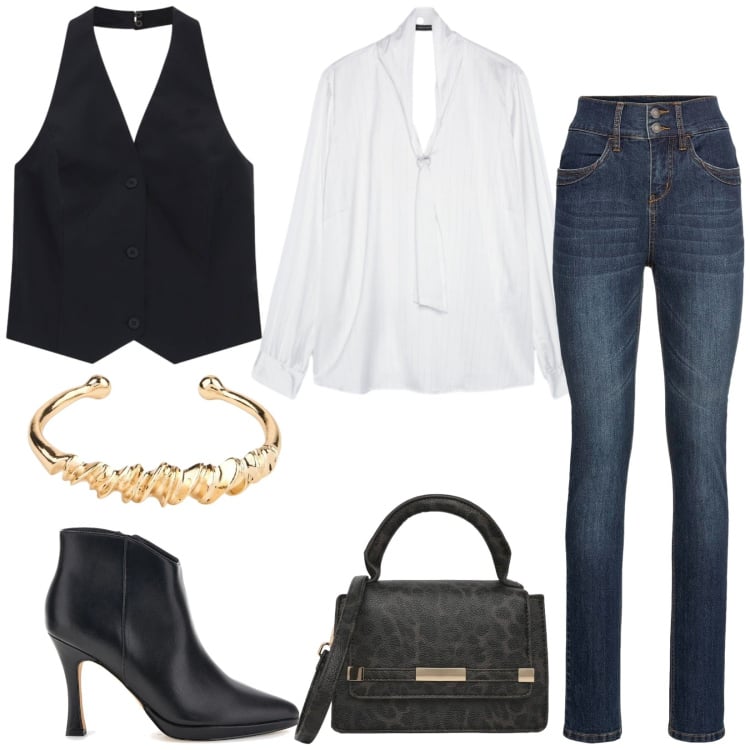 Outfit donna - Total look #2467170. Stile Chic per Ufficio. Abbinamento con jeans slim fit, braccialetti, gilet, borse a tracolla, bluse, stivaletti.