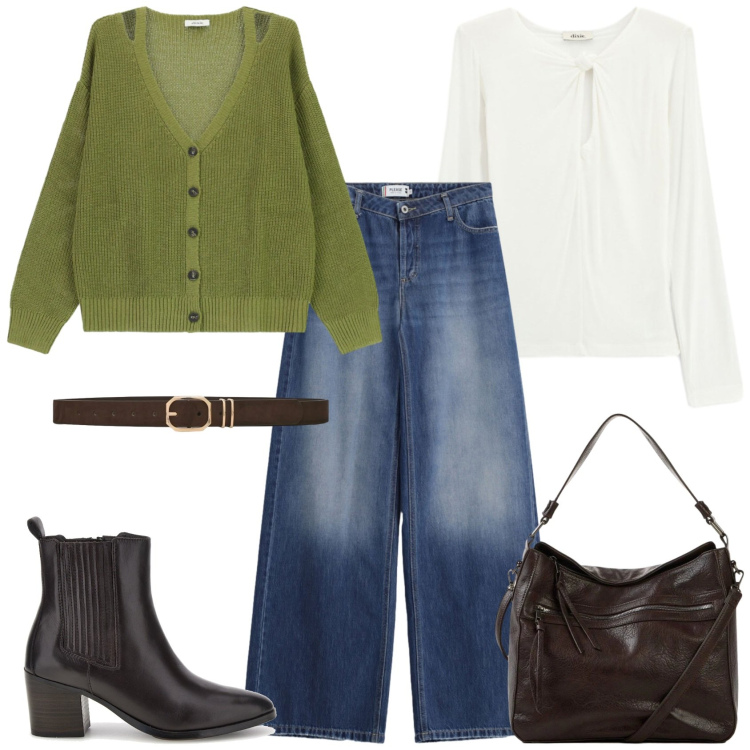 Outfit donna - Total look #2467173. Stile Casual chic per Tutti i giorni. Abbinamento con shopping bag, top, cardigans, cinture, jeans, stivaletti.