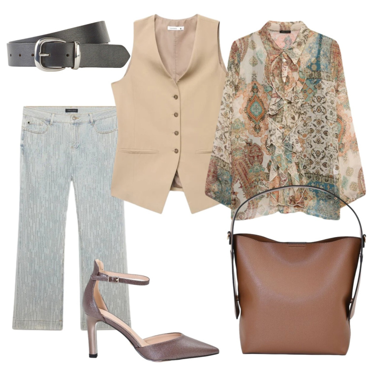 Outfit donna - Total look #2467175. Stile Casual chic per Serata fuori. Abbinamento con cinture, gilet, borse a mano, décolleté, jeans, camicie.