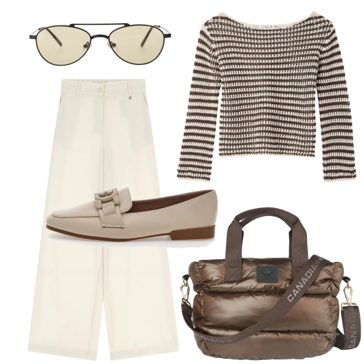 Outfit donna - A spasso con mia sorella. Stile Basic per Tutti i giorni. Abbinamento con occhiali da sole, pantaloni a palazzo, maglieria, borse a tracolla, mocassini.