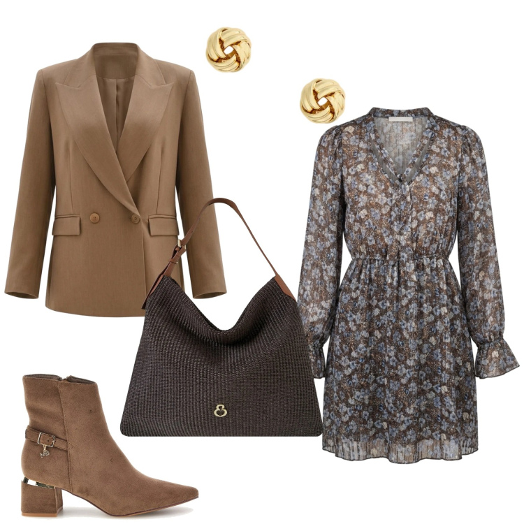 Outfit donna - Total look #2467178. Stile Casual chic per Tutti i giorni. Abbinamento con blazer, borse a spalla, vestiti corti, orecchini, stivaletti.