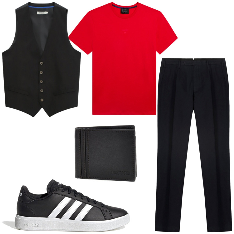 Outfit uomo - Total look #2467182. Stile Trendy per Serata speciale. Abbinamento con gilet, pantaloni, t-shirt, sneakers, portafogli.