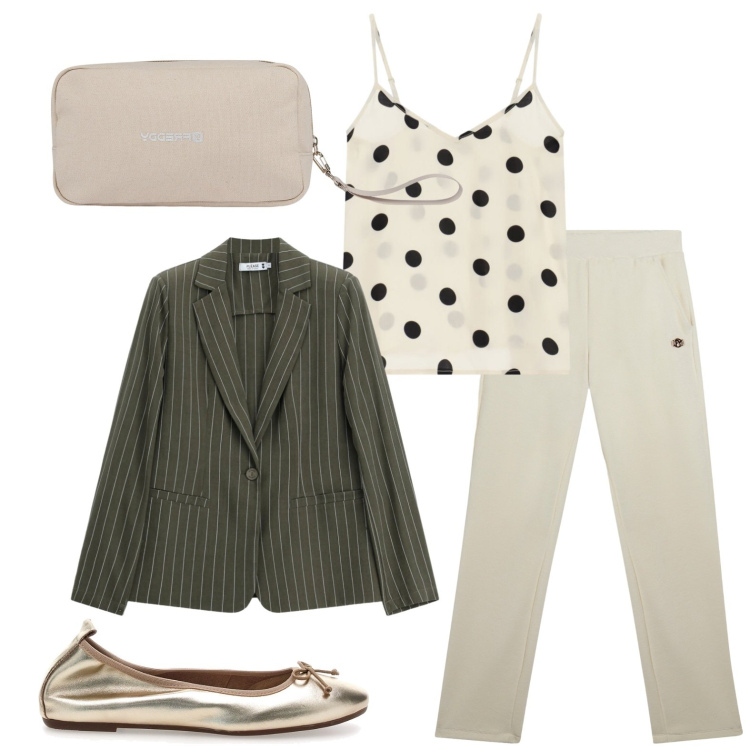Outfit donna - Righe e pois. Stile Bon Ton per Ufficio. Abbinamento con top, blazer, valigie, pantaloni, ballerine.