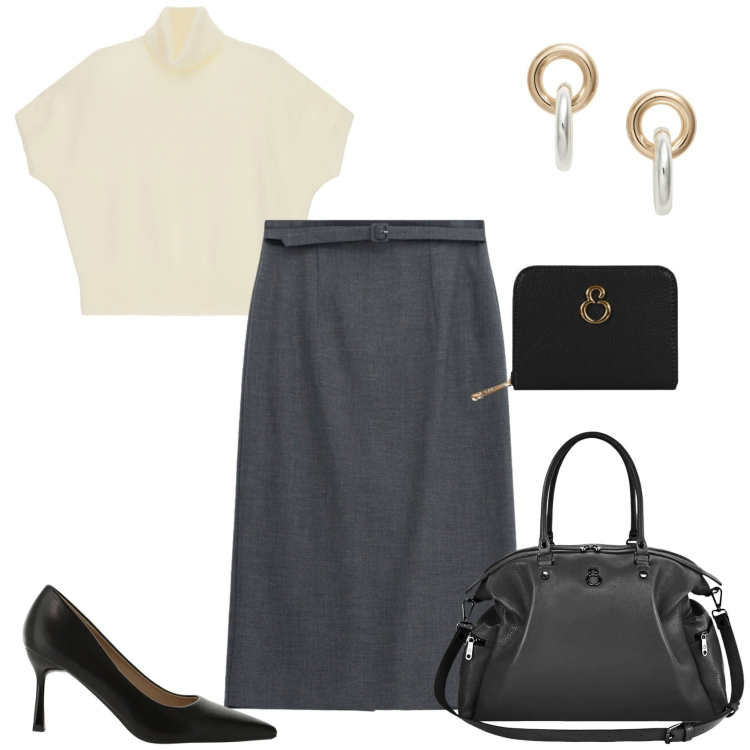 Outfit donna - Total look #2467184. Stile Bon Ton per Ufficio. Abbinamento con gonne longuette, décolleté, maglieria, portafogli, shopping bag, orecchini.