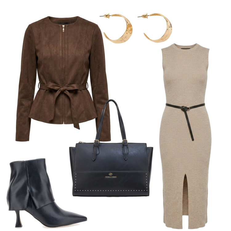 Outfit donna - Total look #2467187. Stile Casual chic per Tutti i giorni. Abbinamento con orecchini, vestiti midi/longuette, blazer, stivaletti, borse a spalla.