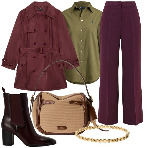 Outfit donna - Le nuove collezioni autunnali. Stile Glamour per Serata fuori. Abbinamento con pantaloni a palazzo, trench, camicie, borse a mano, stivaletti, braccialetti.