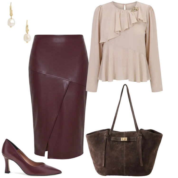 Outfit donna - Ufficio - Evento- Serata. Stile Bon Ton per Serata fuori. Abbinamento con shopping bag, gonne longuette, bluse, orecchini, décolleté.