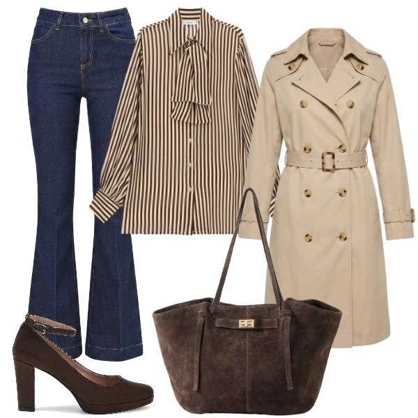 Outfit donna - Total look #2467204. Stile Urban per Ufficio. Abbinamento con shopping bag, camicie, jeans a zampa, trench, décolleté.