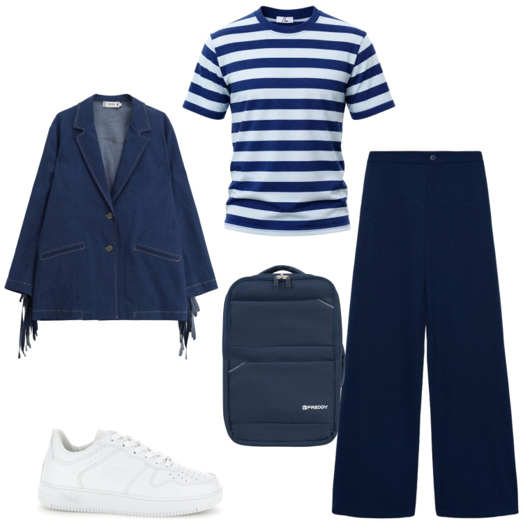Outfit donna - Total look #2467207. Stile Urban per Tutti i giorni. Abbinamento con pantaloni a palazzo, t-shirt, blazer, zaini, sneakers.