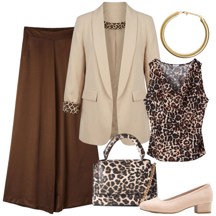 Outfit donna - Il blazer dai risvolti animalier. Stile Chic Abbinamento con décolleté, borse a tracolla, top, pantaloni, blazer, collane.