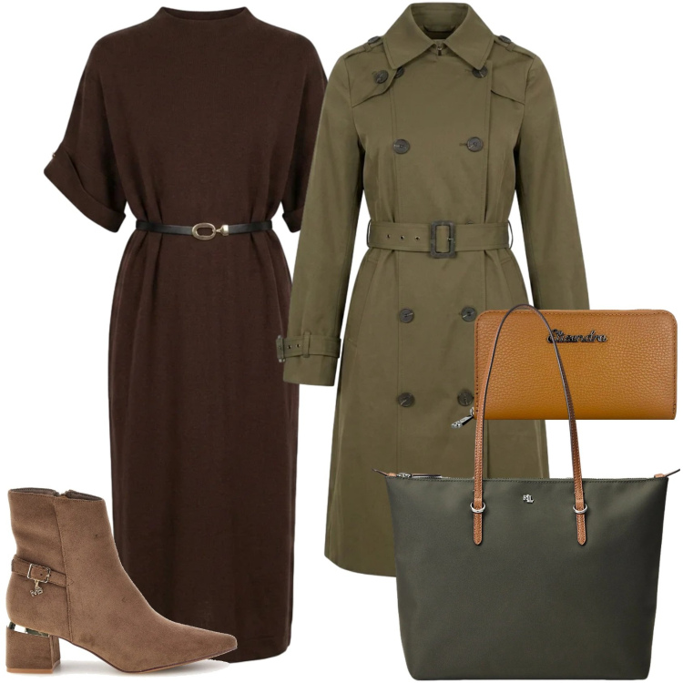 Outfit donna - Total look #2467211. Stile Urban per Tutti i giorni. Abbinamento con portafogli, trench, vestiti midi/longuette, borse tote, stivaletti.